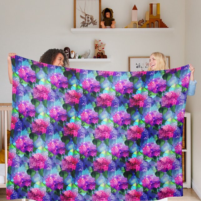 Hydrangea Blue Pink Floral Fleece Blanken (Von Creator hochgeladen)