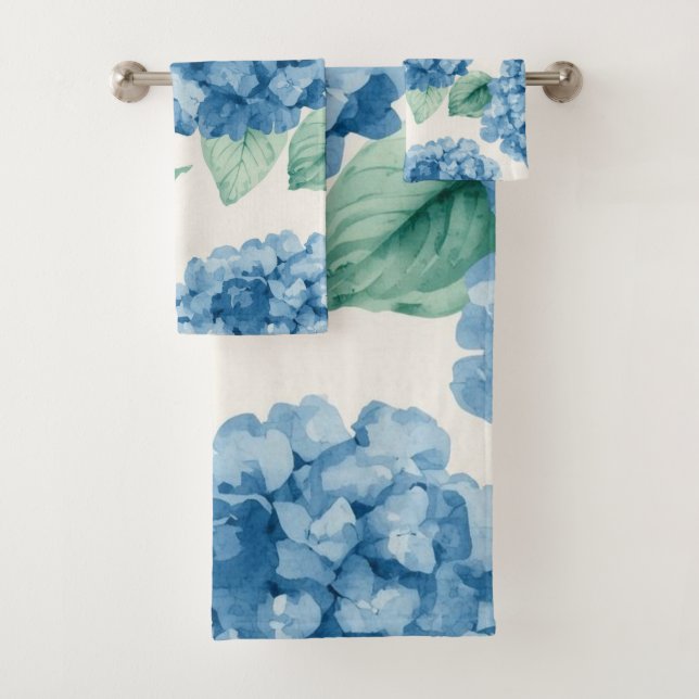 Hydrangea Blues Floral Watercolor Botanical Blooms Badhandtuch Set (Insitu)