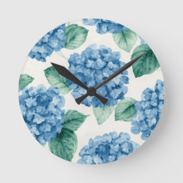 Hydrangea Blues Floral Watercolor Botanical Blooms Runde Wanduhr