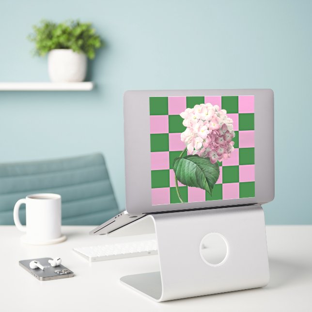 Hydrangea-Blume auf lustige Checkered-Aufkleber Aufkleber (Laptop auf Schreibtisch)