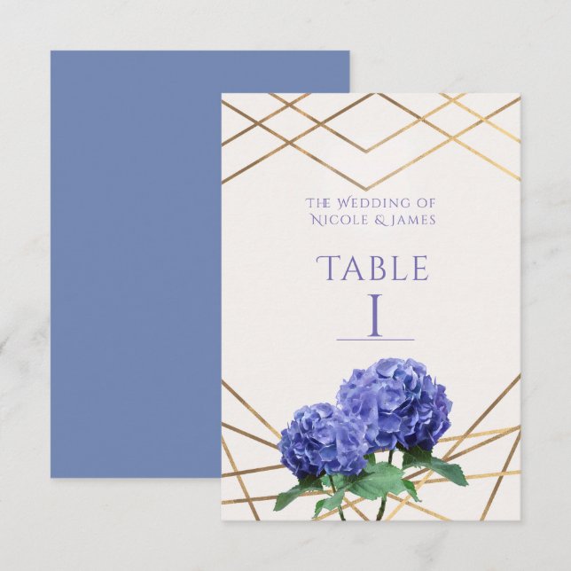 Hydrangea-Blume & Gold-Hochzeitskarte Tischnummer (Vorne/Hinten)