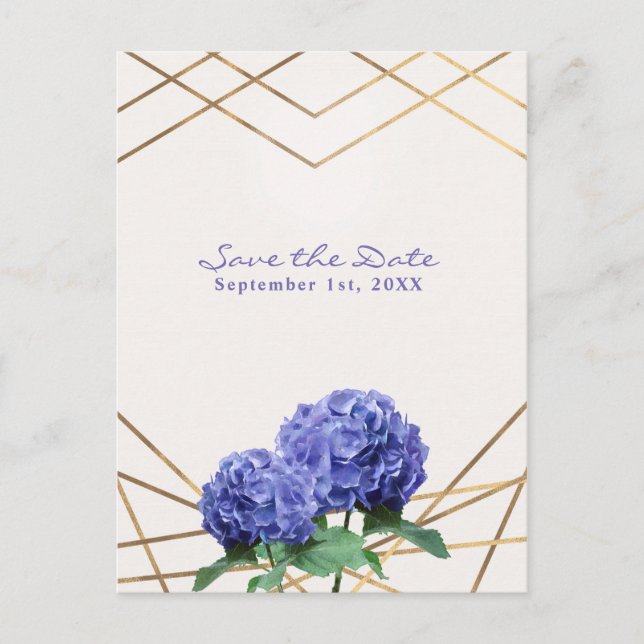 Hydrangea Blume & Gold Save the Date elegant Ankündigungspostkarte (Vorderseite)
