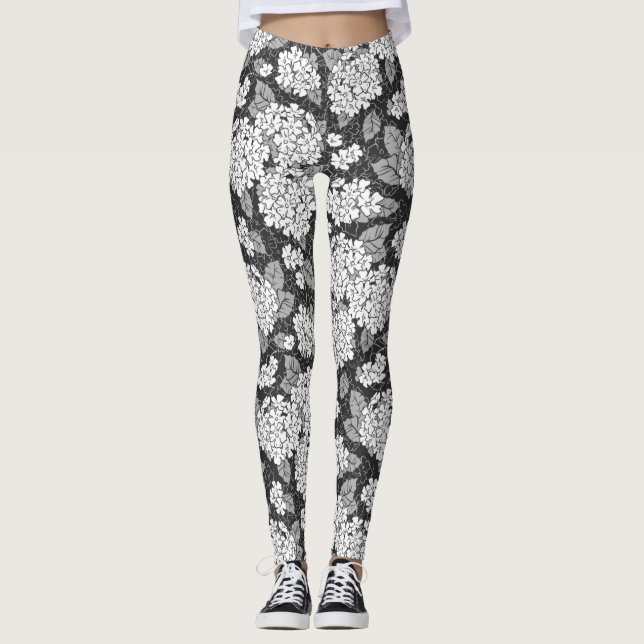 Hydrangea-BlumeSchwarz-Weiß-Blumenmuster Leggings (Vorderseite)