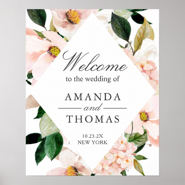 Hydrangea Blush Pink Floral Wedding Willkommenszei Poster (Vorne)