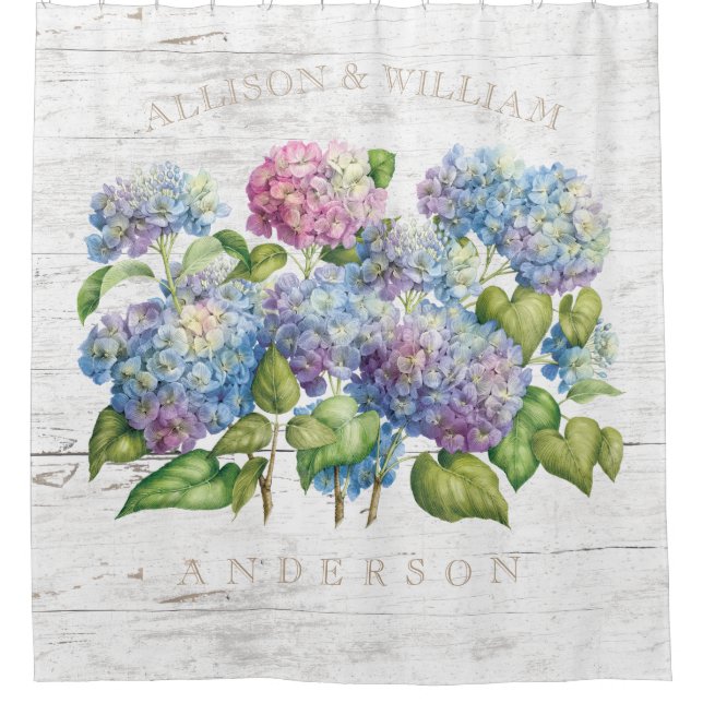 Hydrangea Blüten mit Holznamen Duschvorhang (Vorderseite)