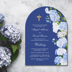 Hydrangea-Bogen bei blauer religiöser Hochzeit Einladung