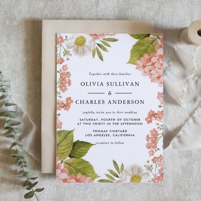 Hydrangea botanischer Wasserfarben und Anemonenhoc Einladung (Botanical Watercolor Peach Hydrangeas and White Anemones Wedding Invitation)