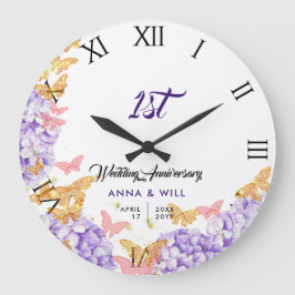 Hydrangea Butterfly Boho Chic Hochzeitstag Große Wanduhr