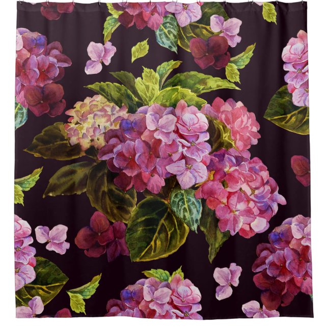 Hydrangea, dunkle, nahtlose Blumenmuster. Duschvorhang (Vorderseite)