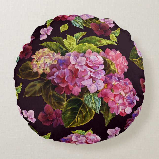 Hydrangea, dunkle, nahtlose Blumenmuster. Rundes Kissen (Vorderseite)