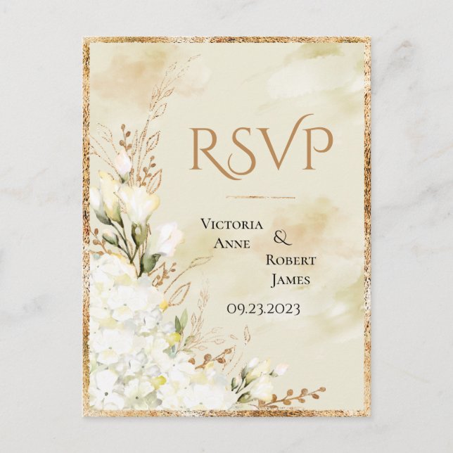 Hydrangea Elegante White Gold Floral Wedding RSVP Postkarte (Vorderseite)
