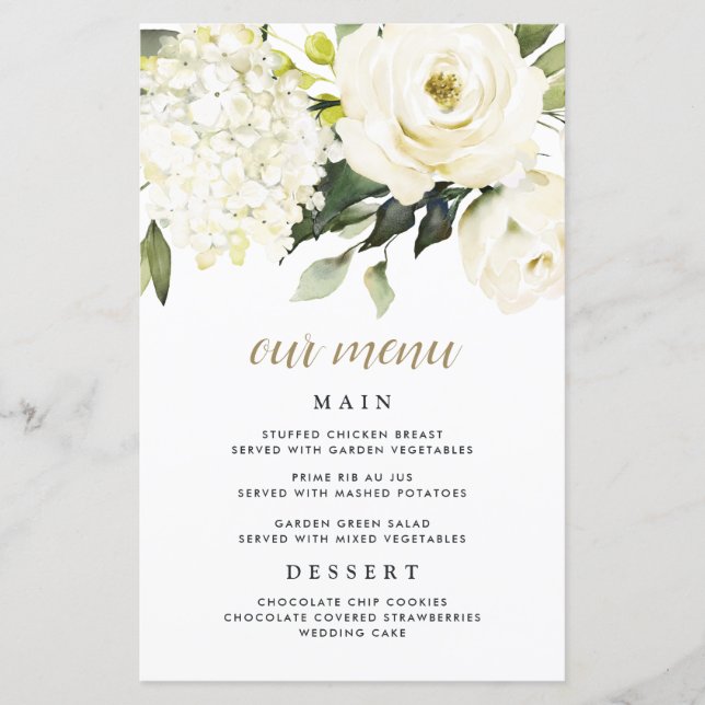 Hydrangea Elegante White Gold Wedding Menu Cards (Vorderseite)