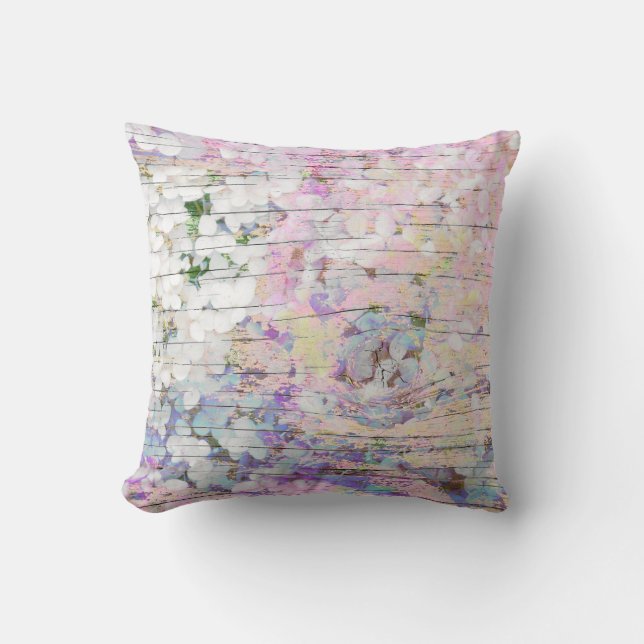 Hydrangea Floral Pink Land Vintages Holz Kissen (Vorderseite)