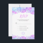 Hydrangea Floral Pink Wasserfarbe Bat Mitzvah RSVP Karte<br><div class="desc">Diese Fledermaus mitzvah UAWG Response Karte verfügt über Hydrandea-Blume in den Farbtönen Rosa, Lavendel und Aquablau. Moderne Schrift Typografie in rosa Titel die Karte mit den anderen Details in grau. Unten ist ein Star von David und mehr Blume. Die Rückseite der Karte hat einen Star von David in Rosa, Aqua...</div>