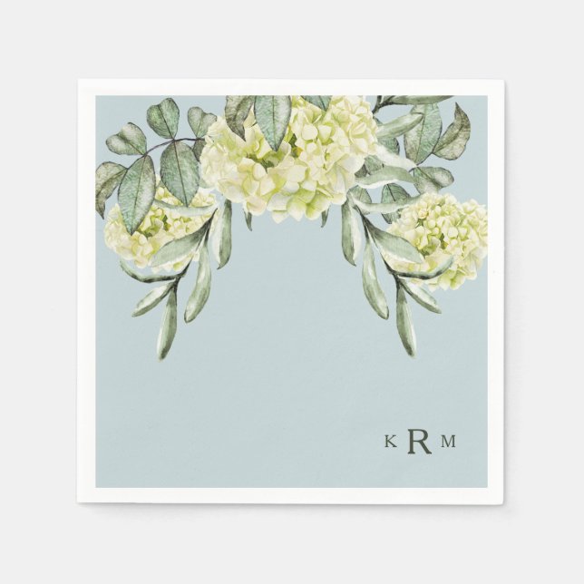 Hydrangea Foliage Monogram Dusty Blue Cocktail Serviette (Vorderseite)