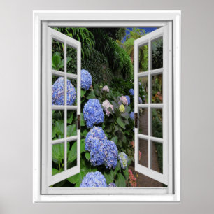 Hydrangea-Garten-Ansicht-Fake-Fenster Poster