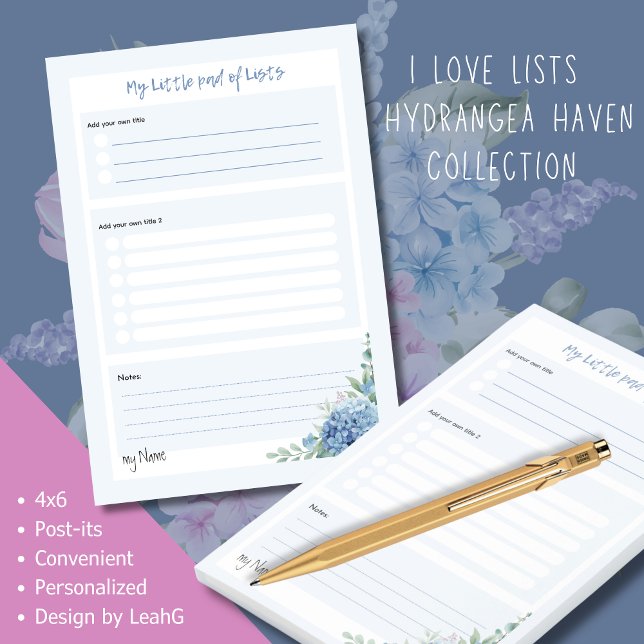 Hydrangea Haven "My Little Pad of Lists" von LeahG Post-it Klebezettel (I love lists - Hydrangea Blue)