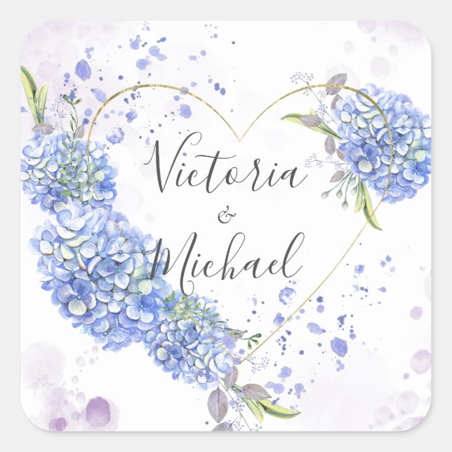 Hydrangea Herz Personalisierte Namen Hochzeit Quadratischer Aufkleber (Vorderseite)