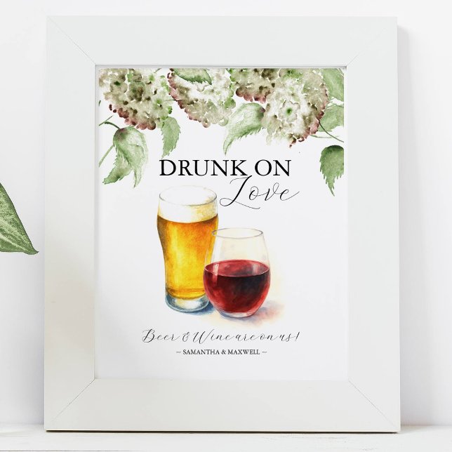 Hydrangea-Hochzeitsdekoration Open Bar-Schilder Poster (bar signs with green hydrangeas and beer and wine by Do Tell A Belle)