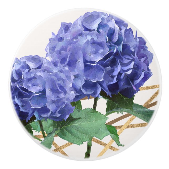 Hydrangea Lila Blue & Gold Elegante Blumen Keramikknauf (Vorderseite)