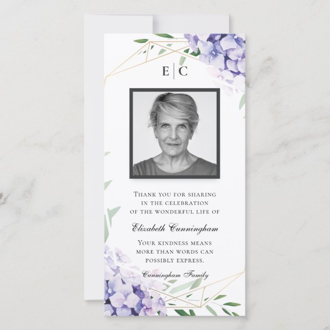 Hydrangea Lilac Floral Geometric Memorial Dankeskarte (Vorderseite)