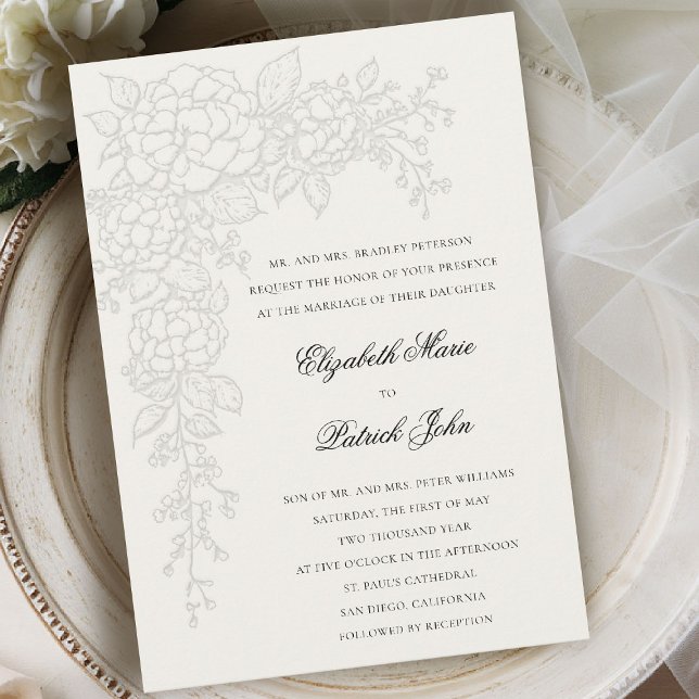 Hydrangea Luminous Ecru Formale Klassische Hochzei Einladung (hydrangea wedding invitation formal traditional modern classic art sketch parents host ecru)