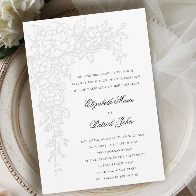 Hydrangea Luminous White Formal Classic Wedding Einladung (hydrangea wedding invitation formal traditional modern classic art sketch black white parents host)
