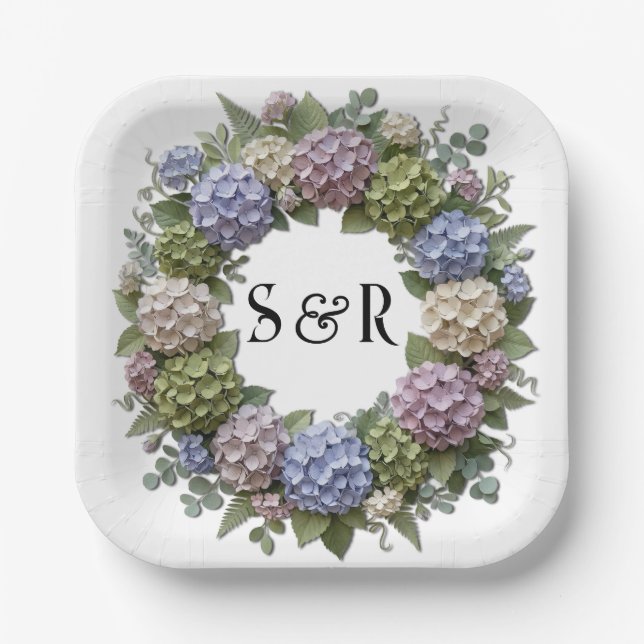 Hydrangea-Monogramm-Kranz-Hochzeit Pappteller (Vorderseite)