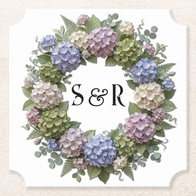 Hydrangea-Monogramm-Kranz-Hochzeit Untersetzer (Vorderseite)