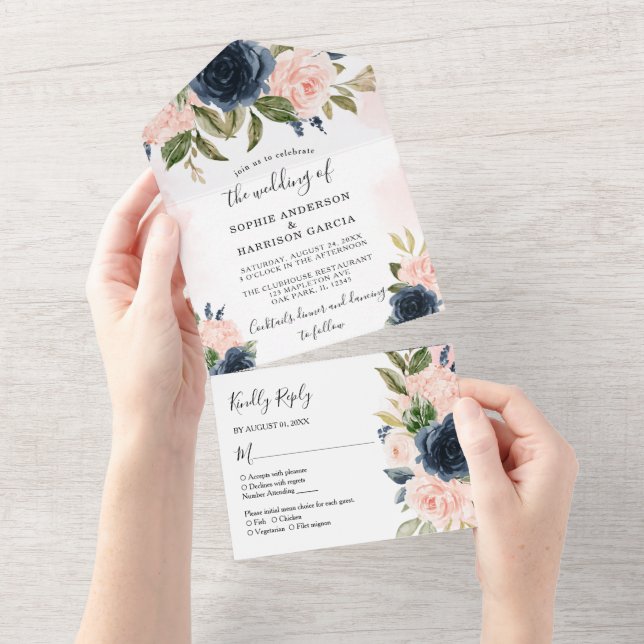 Hydrangea Navy Blue and Blush Pink Floral Wedding All In One Einladung (Abreißen)