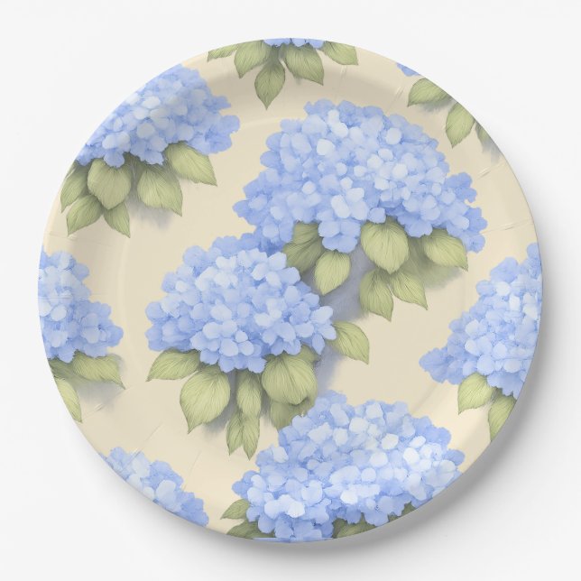 Hydrangea Plates | Elegant Lemon Blue Floral Party Pappteller (Vorderseite)