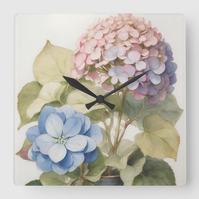 Hydrangea Quadratische Wanduhr (Vorderseite)