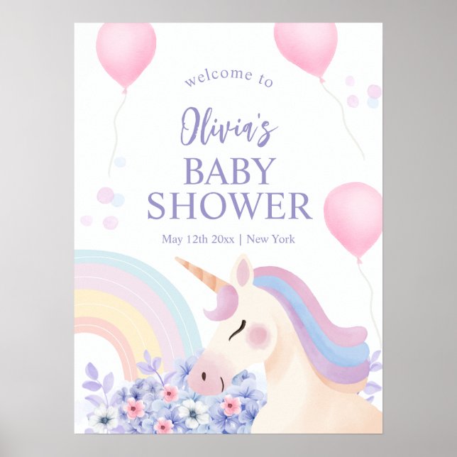Hydrangea Rainbow Unicorn Babydusche Willkommen Poster (Vorne)