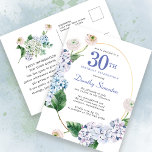 Hydrangea Rose 30. Geburtstag Sommereinladung Postkarte<br><div class="desc">Blaue Hydrangea-Blume und Blüten der Rose schmücken einen goldgelben ovalen Rahmen. Eine offene und luftige moderne botanische.</div>