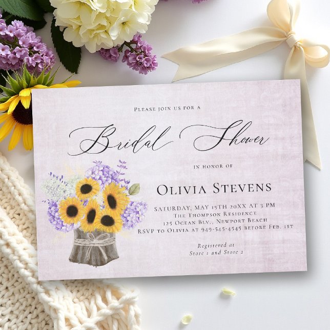 Hydrangea Sonnenblumen Flieder Vintage Brautparty- Einladung (bridal shower invitation sunflower lilac hydrangea elegant barn outdoors garden backyard rustic)