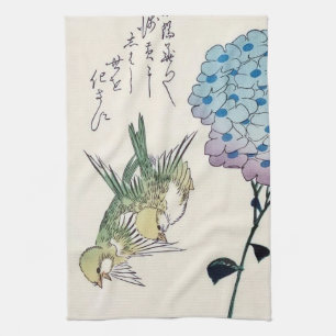 Hydrangea und Grünfinken, Hiroshige, Ukiyo-e Geschirrtuch