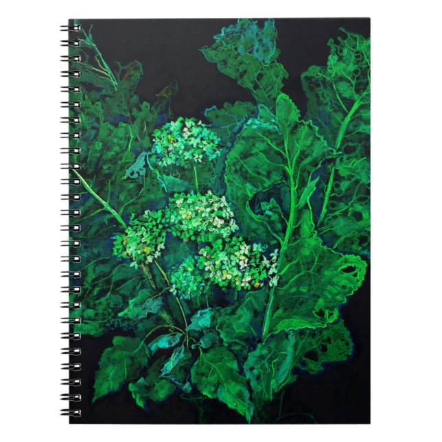 Hydrangea und Horseradish Floral Art Black & Green Notizblock (Vorderseite)
