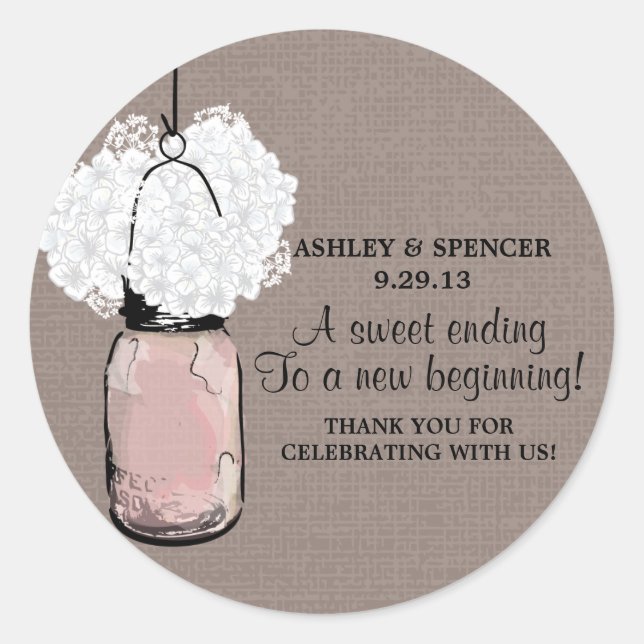 Hydrangea und Rustic Mason Jar Runder Aufkleber (Vorderseite)