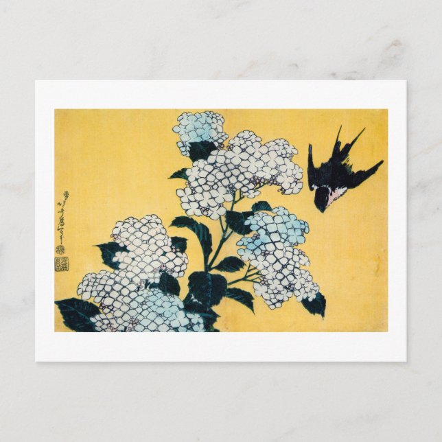 Hydrangea und Swallow, Hokusai, Ukiyo-e Postkarte (Vorderseite)