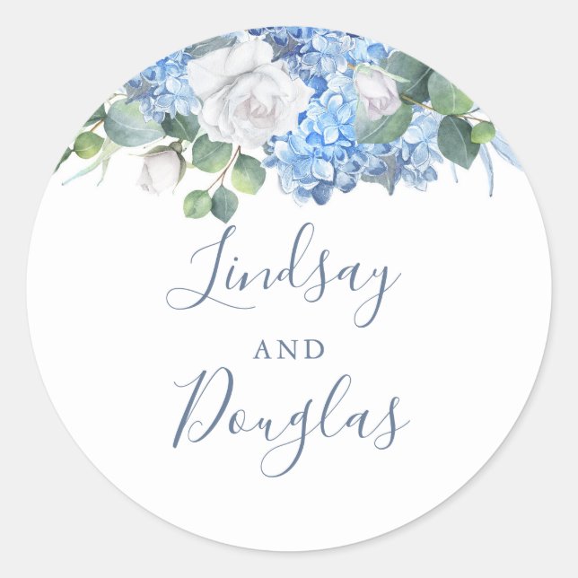 Hydrangea und weiße Blume Dusty Blue Watercolor Runder Aufkleber (Vorderseite)