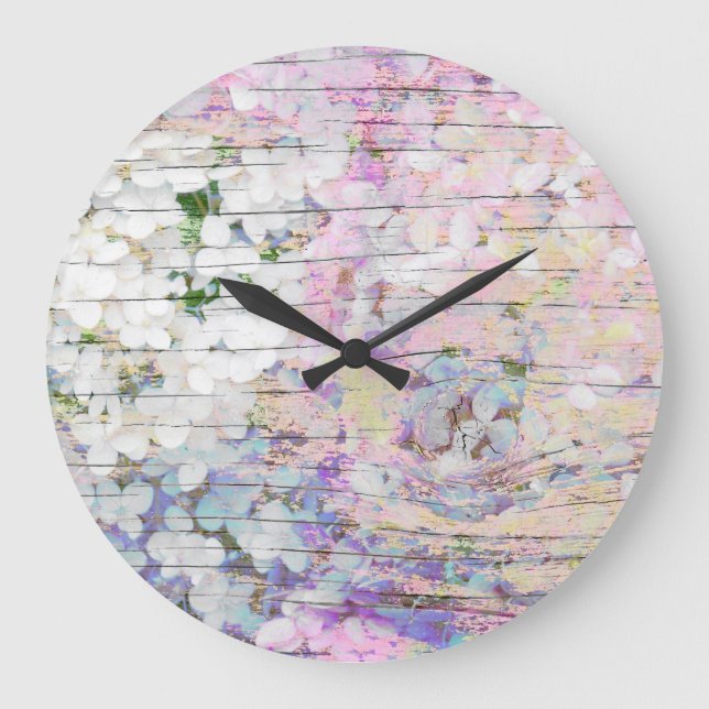 Hydrangea Vintag Chic Pink Country Große Wanduhr (Vorderseite)