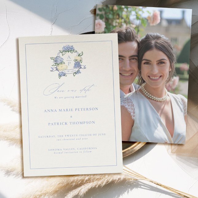 Hydrangea Wappen Blue Elegante Rahmen Foto Hochzei Save The Date (hydrangea wedding save the date modern classic traditional frame crest old money blue periwinkle)
