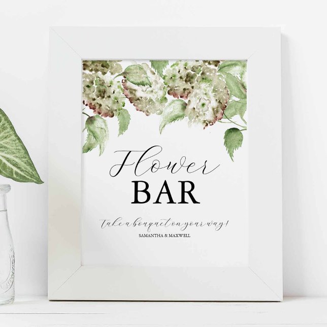 Hydrangea Wedding Flower Bar Signs Poster (Flower bar sign watercolor hydrangea art by Victoria Grigaliunas of Do Tell A Belle)