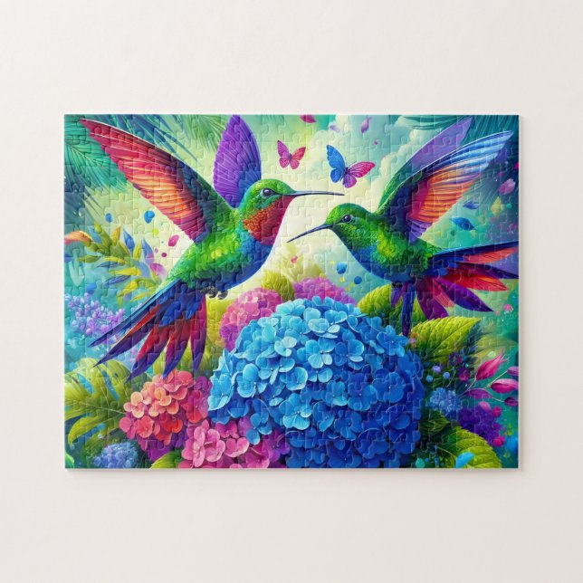 Hydrangea With Hummingbird Pair Puzzle (Horizontal)