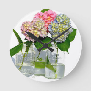 hydrangeas and mason jar runde wanduhr
