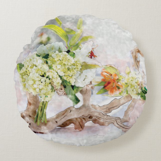 Hydrangeas Bella Aquarell-rundes Kissen (16") (Vorderseite)