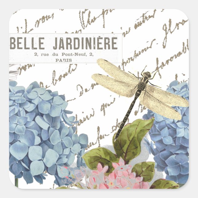 Hydrangeas Dragonfly French Script Garden Quadratischer Aufkleber (Vorderseite)