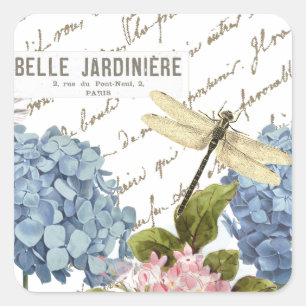 Hydrangeas Dragonfly French Script Garden Quadratischer Aufkleber