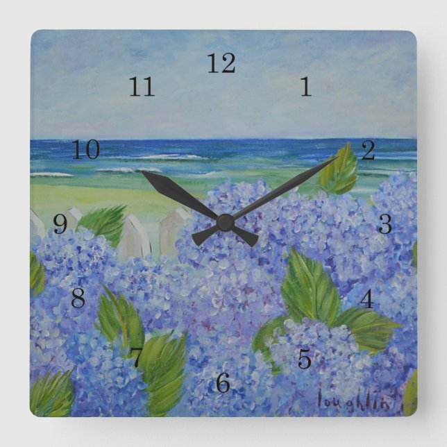 Hydrangeas durch die Damm-Uhr Quadratische Wanduhr (Vorderseite)