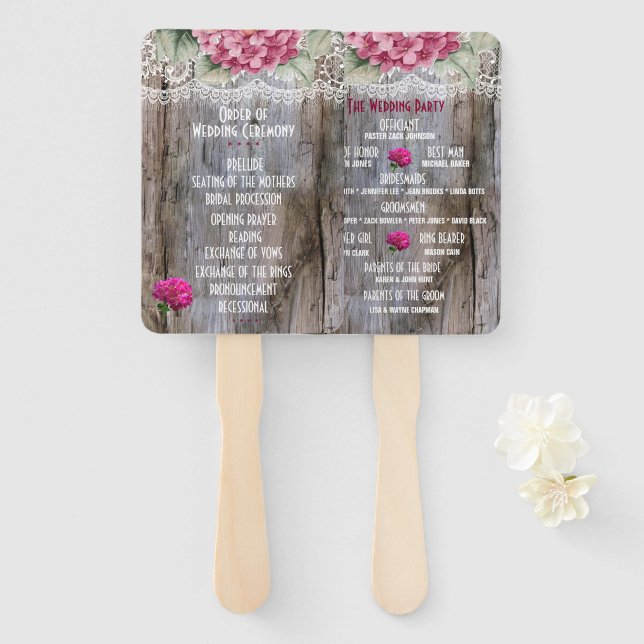 Hydrangeas Lace & Barn Wood Wedding Hand Fans Fächer (Vorne und Hinten)